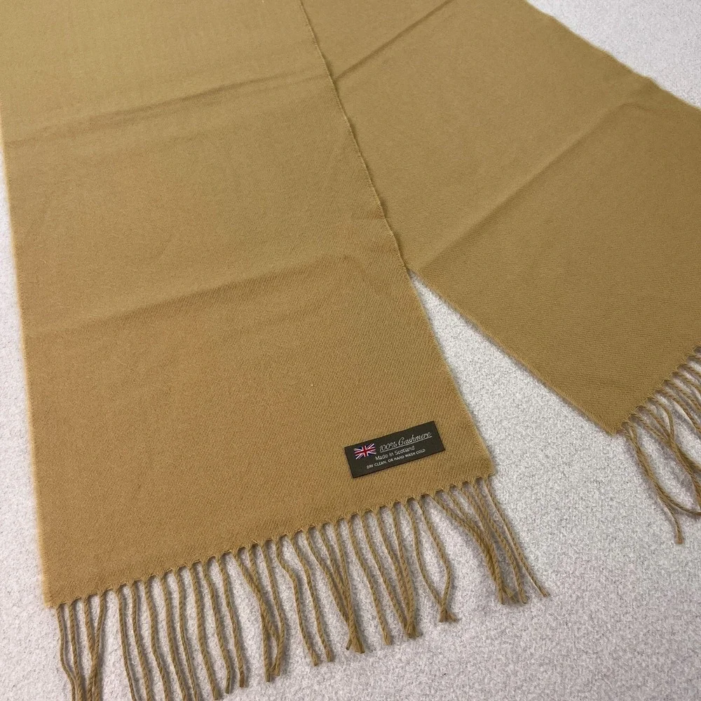 100% Cashmere Tasseled Scarf Beige Camel Tan Made in Scotland Muffler Wrap Soft
